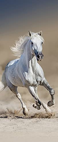 A.Monamour Sticker Porte Autocollant Poster De Porte 3D Cheval Blanc avec Une Longue Crinière Courir dans La Poussière du Désert Vinyle Affiche De Porte Sticker Mural Papier Peint 85 x 215 cm