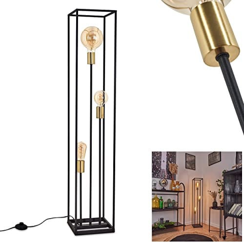 Stehlampe Ibusuki, Stehleuchte aus Metall in Schwarz/Goldfarben, 3-flammig, 3 x E27-Fassung, Höhe 120,5 cm, Leuchte m. Gitter-Optik im Industrial Style m. Fußschalter am Kabel, ohne Leuchtmittel