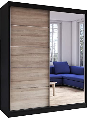 Fabryka Mebli Idźczak Kleiderschrank mit Spiegel, Schiebetüren - Schwebetürenschrank, Schlafzimmerschrank - 61 x 150 x 200 cm - Schrank für Schlafzimmer, Ankleidezimmer, Garderobe - Schwarz, Sonoma