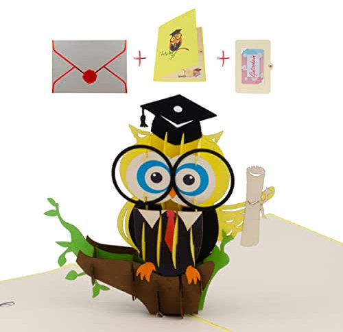 uniqHeart® Handgemachte 3D Pop-Up Karte Nerdy Eule - inkl. edlem Wachs-Siegel und elegantem Geschenk-Umschlag - Glückwunsch-Karte - Abschluss - bestandene Ausbildung - Abitur - Doktor - Diplom