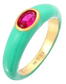 Elli Ring Damen Solitär Oval mit Emaille Orange und Zirkonia Kristall Grün in 925 Sterling Silber Vergoldet