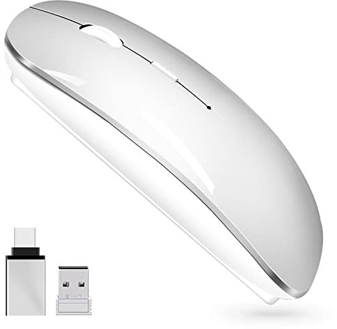 Ratón inalámbrico de 2.4 GHz con receptor USB para computadora portátil, mouse inalámbrico recargable compatible con Apple MacBook Air/Pro, iPad, Mac, PC, con adaptador USB C (blanco plateado)