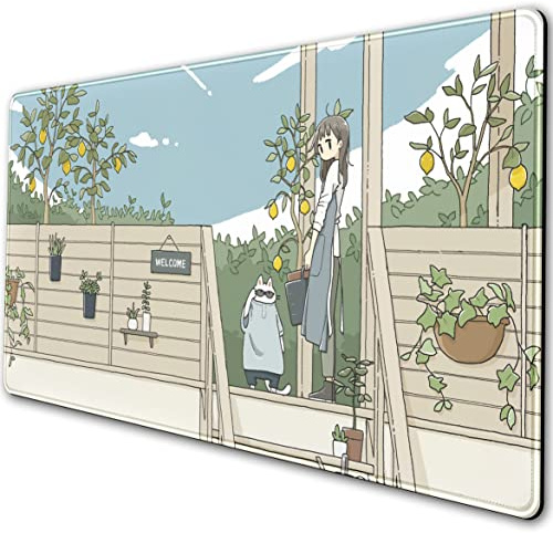 DSKGSJH Niedliches Anime-Mauspad, japanische Straße, Kawaii-Katze, Gaming, XXL, verlängertes Mauspad mit genähten Kanten, Ästhetik, Landschaft, Dorf/Stadt, große Tastaturmatte für Büro, Heimarbeit