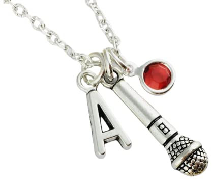 Personalised Microphone Necklace - initial charm and birthstone crystal, silver plated or sterling silver, Music Jewellery instrument pianist teacher musical lover singer gift for musician