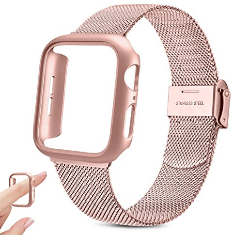 Yisica Cinturino per Apple Watch 41mm, Custodia Rigida Protettivo Cover, Cinturini Traspirante Metall per iWatch Series 9/8/7 (41MM, Oro Rosa & Cinturino Rosa)