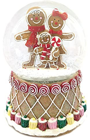 Schneekugel mit Lebkuchenfiguren als Spieluhr und bunt verziertem Sockel mit Musik, Licht und Schneeantrieb, batteriebetrieben, Kugeldurchmesser: 100mm, Höhe: 14cm, Lied: „Jingle Bells“
