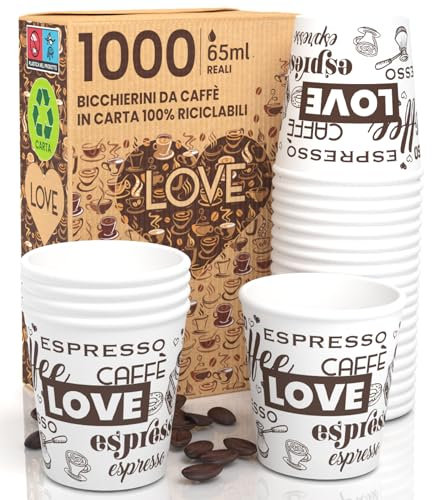 Eurocali 1000 Petits Gobelets en Papier 65ml Mini Gobelets Jetables Biodégradables Écologiques Design LoveWhiteCUP - Tasses en Carton Résistant à la Chaleur pour Café Italien