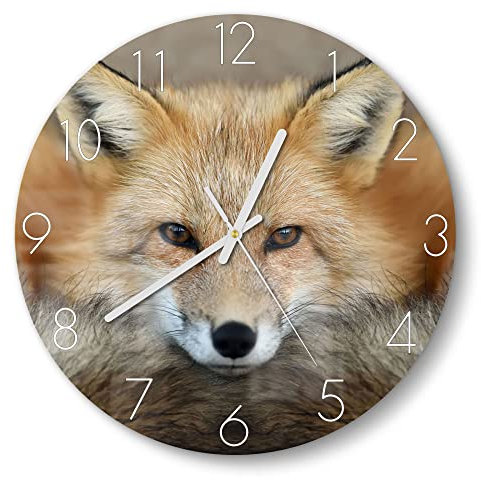 DEQORI Glasuhr | rund Ø 30 cm | Motiv Reineke, der Fuchs | ausgefallene leise Design Uhr aus Glas | Wanduhr für Wohnzimmer & Küche | Moderne Hingucker Uhr für die Wand