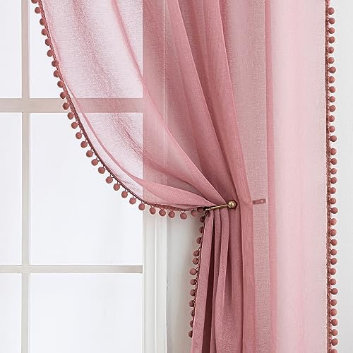 MIULEE Gardinen mit Pompons-Hübsche Altrosa Transparent Gardinen für Kinderzimmer Mädchen, 2 Stücke Vorhang mit Pompons mit Stangendurchzug Durchsichtig Vorhang mit Bommeln, Jeder H 225 X B 140cm