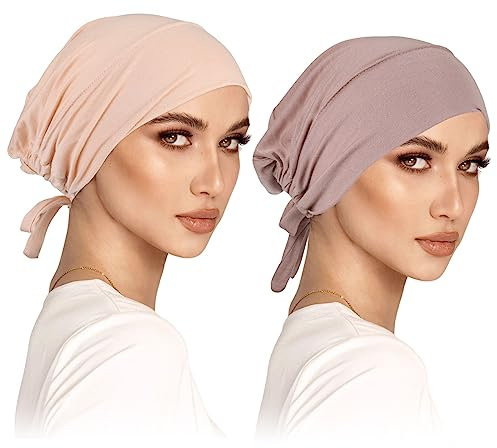 2er Pack Turban Damen Frauen Undercap Hijab Cap Unterschal Klassische Slouch Beanie Mütze Islamische Muslimische mit Tie Back Solid Color Hijab Mütze Kopfbedeckung chemo kopfbedeckung damen