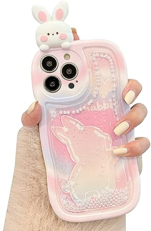 SINQERISHT 3D Cartoon Doll Protective Case for Apple iPhone 13 Pro Mobile Phone Case Bling Liquid Glitter Rhinestone Silicone TPU Woman Case Shockproof Funny Cute Cover (Rabbit)