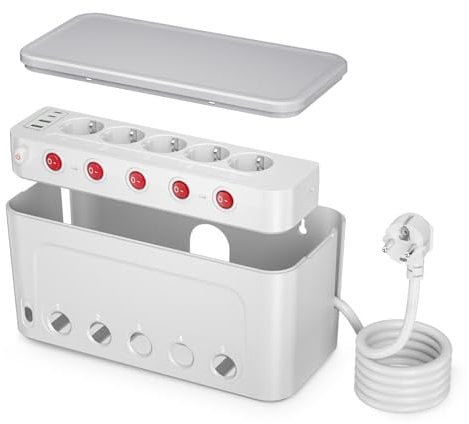 Scatola Nascondi Cavi con Ciabatta Multipresa, Presa Multipla Salvaspazio 5 Prese con Interruttore Indipendenti,Scatola Porta Cavi con Ciabatta Elettrica,Organizzatore Raccogli Cavi Cavo 1,5M,Bianco