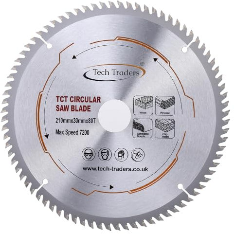 Tech Traders TCT Circular Wood Saw Blade 210mm x 30mm x 80T for Festool Bosch Makita Dewalt fits 216mm Saws