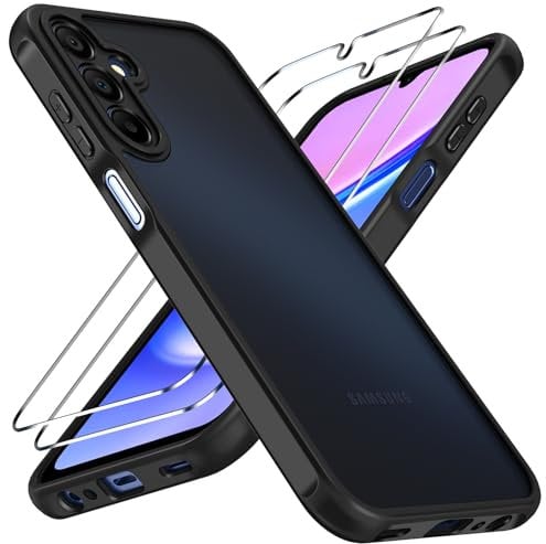 iVoler Hülle für Samsung Galaxy A15 4G / 5G mit 2 Stück Panzer Schutz Glas, Militärstandard Stoßfest Kameraschutz Handyhülle Matt Durchscheinende Rückseite Anti-Fingerabdruck Schutzhülle Case, Schwarz
