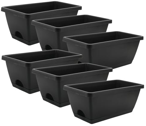 LEXININ Lot de 6 jardinières rectangulaires en plastique avec plateaux, 35 x 17 x 14 cm, noir, pour rebord de fenêtre, jardin, balcon