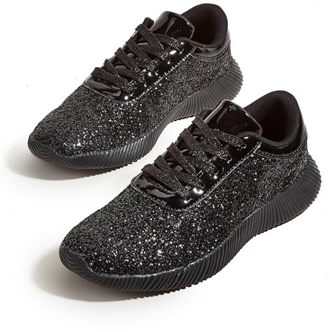LUCKY STEP Damen Glitzer Turnschuhe Strass Sneaker Leichte Metallische Pailletten-Tennisschuhe (Schwarz, 6US-36EU-3UK)