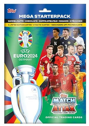 Topps Official Euro 2024 Match Attax - Mega Starter Pack - enthält 16 Euro 2024 Match Attax Karten, 4 Taktikkarten sowie Exklusive Cristiano Ronaldo und Jude Bellingham LE's und eine Coole Karte.