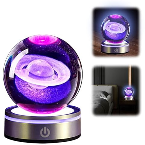3D Kristallkugel, 8cm Planeten Modell Globus mit Led Bunte Nachtlicht Basis, Astronomie Geschenke Planeten Modell für Kinder Erwachsene Astronomie Liebhaber, Raumdekoration (Saturn)