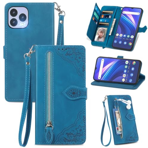 MOJIA Geldbörse Hülle für Cubot P80 / Wiko T60, Sanft PU Klapphülle Handyhülle, Stoßfest Schutzhülle mit Handschlaufe Kartenfach und Standfunktion. Blau