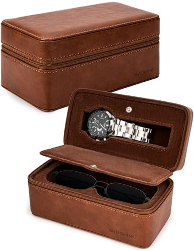 molshine Uhrenetui Reiseetui und Sonnenbrillenetui, leder Tragbarer Uhrenrolle Schmuck Organizer, Uhrenaufbewahrung-Reisebox,Watch Box und Sunglass case für Damen, Herren (Braun)