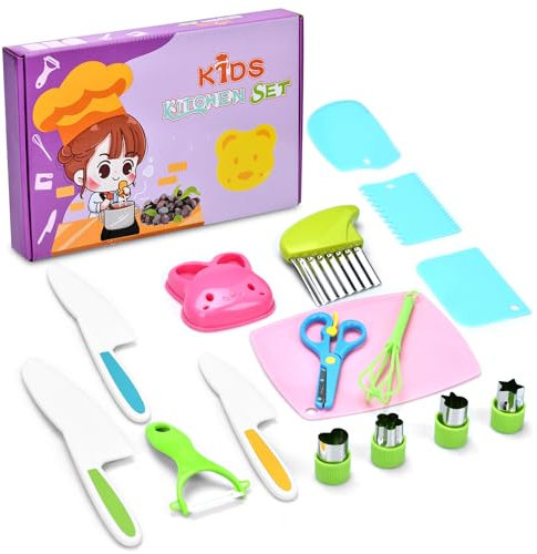 16 Pcs Couteau Enfant, Couteaux Sécurité de Cuisine pour Enfants, Couteau Montessori Kit Couteau Cuisine Enfant Que Incluye Cuchillos de Cocina Para Niños Moldes Para Cortar Verduras