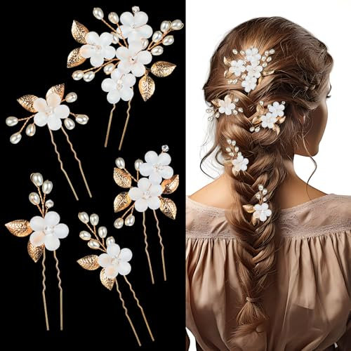 Yuanchu Hochzeit Haarschmuck, 5 Stück Blumen Perlen Haarspange Braut Haarnadeln U-Form Kristall Haarnadeln Clips für Hochzeit Party Abschlussball Brautjungfern Blumenmädchen