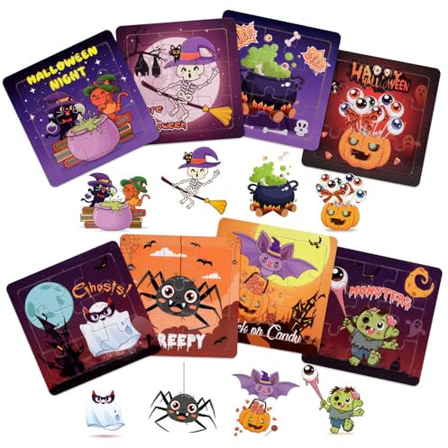 8 Pcs Jigsaw Puzzles Halloween Collectibles, Small Puzzles Halloween Wooden kid Puzzles Toys for Boys Girls Halloween Children's Gifts Party Decoration Supplies