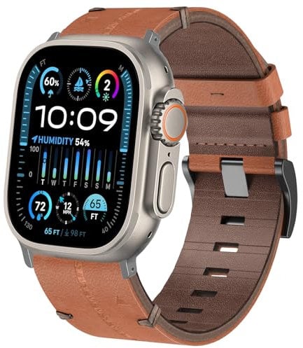 TOPsic Leather Strap for Apple Watch Ultra 49mm, Genuine Leather Wristband Adjustable Bracelet Replacement Strap for Apple Watch SE, iWatch Ultra 2 Ultra Series 9 8 7 6 5 4 3 2 1