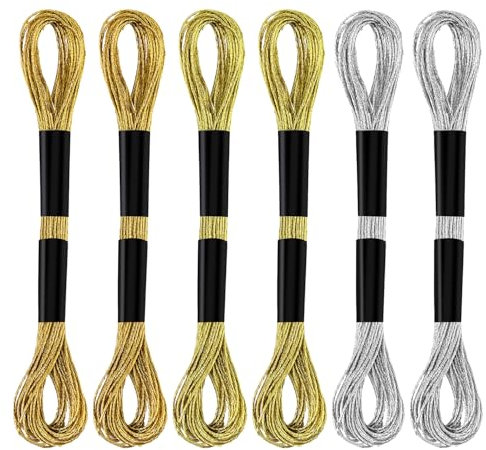 6 Matasse Fili da Ricamo, Filo da Ricamo Metallizzato Braccialetto Dell'Amicizia Filo per Punto Croce per Cucire Realizzare Filati Artigianali Spago Articoli (Oro + Oro Chiaro + Argento)