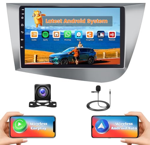 Hikity 2G+64G Android 15 Radio Coche para Seat Leon MK2 2005-2012 con Pantalla Táctil de 9 Pulgadas, Radio 2 DIN con Carplay inalámbrico Android Auto Radio FM/RDS BT GPS WiFi + Cámara Trasera + Mic
