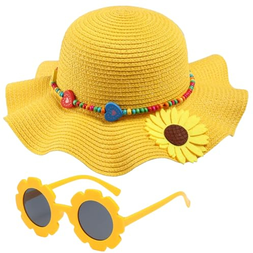 Chapeau de paille pour filles avec lunettes de soleil rondes et fleurs, pliable à large bord, tournesol, nœud, plage, tout-petit, 2 à 6 ans