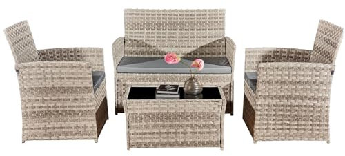 4 Piece Rattan Garden Furniture Sets with Cover,Patio Conservatory Set, Include Rattan Loveset Sofa, Chair, Glass Coffee Table,Waterproof Furniture Cover