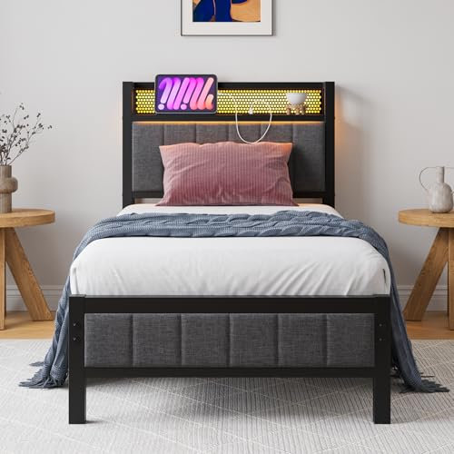 BORPHOM Bett 90x200 cm mit LED,Ladestation,Einzelbett Gästebett Metallbett Polsterbett 90x200 Bettgestell aus Metall,Jugendbett Bettrahmen mit Lattenrost Kopfteil in Grau,für Schlafzimmer Gästezimmer