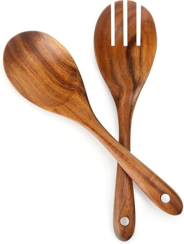 masteymoh 1 cuchara de madera + 1 tenedor de madera grande para cocinar, tenedor de ensalada de madera + cuchara para ensalada de madera de 33 cm/13 pulgadas de teca, juego de tenedores, cubiertos de