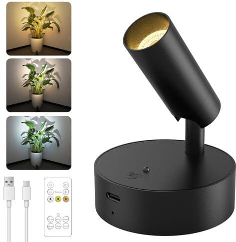 Kabellose Spotlight Aufladbar Wandstrahler Innen mit 3000mAh Akku, 3 Farben Dimmbar Wandspot mit Timing Fernbedienung, Schwarz Akku Wandleuchte für Bilderbeleuchtung Pflanzenbeleuchtung [1er Set]