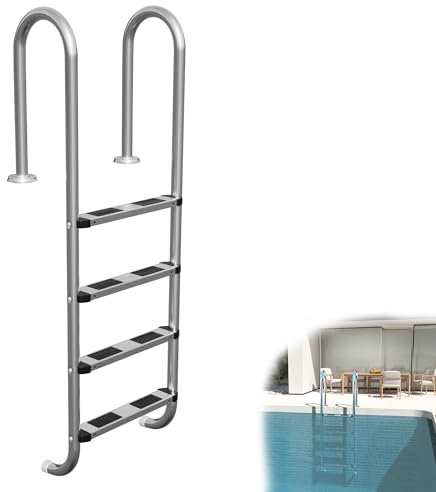 YRHome Escalera de piscina de acero inoxidable, 4 peldaños, 157 cm de altura, con almohadillas antideslizantes y pasamanos curvos, escalera de entrada para piscina (1,4 – 1,6 m de profundidad