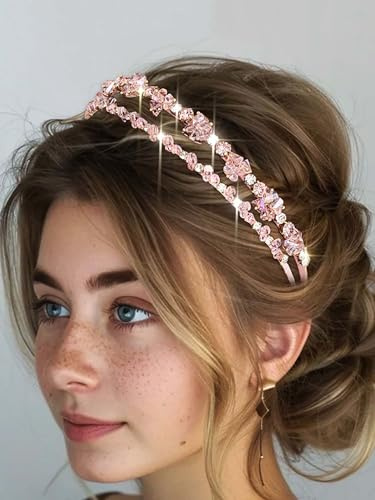 IYOU Serre Tête Mariage Mariée Bandeau Cheveux Rose Strass Double épaisseur Accessoires Cheveux Invitées pour Femmes