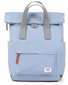ROKA London Canfield B Small Sustainable Nylon Backpack Retro Blue | Compact roll top backpack with wide zip opening, tablet storage, secret pocket, side pockets and adjustable shoulder straps