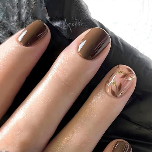 Chocolate Brown Gold Leaf Press On Nails Short Coffin - Ombre French Tip False Nails Gradient, 24Pcs Handmade Durable Acrylic Fake Stick On Gel for Women Medium Length