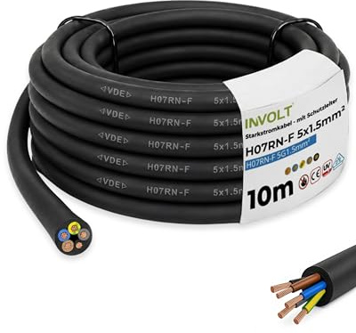 INVOLT 10m H07RN-F 5G1,5mm² CEE Verlängerungskabel, flexibel Gummikabel mit Schutzleiter, Außenbereich Baustellen, VDE zertifiziert