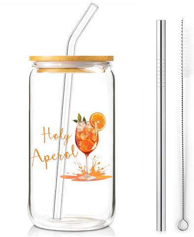 Aperol Geschenk Set für Damen, Gläser mit Bambusdeckel & Strohhalm, 500ml Trinkglas aus Borosilikatglas, Holy Aperoli Spritz Zubehör, Sommer Party Deko Geschenkset