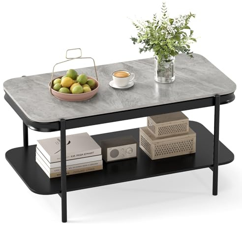 COSTWAY Couchtisch Marmor, Wohnzimmertisch mit 2 Ebenen & Metallrahmen, Sofatisch rechteckig, moderner Kaffeetisch für Wohnzimmer und Büro, 90 x 50 x 45,5 cm (Grau)