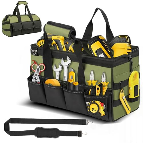 Les-Theresa Tool Bags Heavy Duty, Portable Tool Storage Bag with Shoulder Strap Large Wide Mouth Tool Bag Organiser, Wear-Resistant Tote Tool Bags for Dad Electrician Carpenter Engineers (Green)