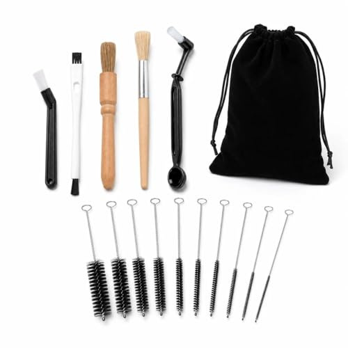 15PCS Coffee Machine Cleaning Brush Kit with Storage Pouch | Wood and nylon tools in 10 diameters for espresso grinders, group heads, steam wands, portafilters and narrow gaps