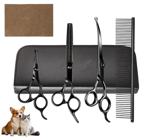 Hundsax set, professionell pälssax hundset med rund säkerhetsspets (katter hundvård, uttunningssax och böjd och detaljsax) för pälsvård, hund, katt, husdjur