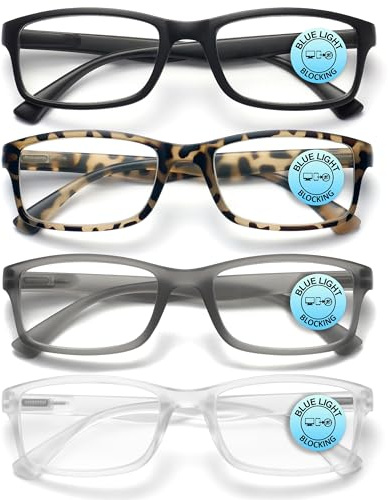 OPULIZE PEP Reading Blue Light Blocking Glasses for Women Men,Rectangular Frame with Anti-Glare Computer & Gaming Eyewear,UV & Eyestrain Protection,Matt Black Brown Grey Frosted Clear +1.5(Pack of 4)
