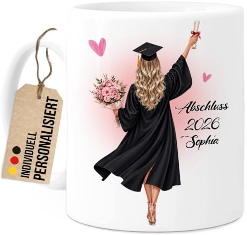 Tassenliebling® - Bachelor Master PhD Abitur Abschluss 2026 Tasse Schwarz personalisierbar - Personalisiertes Geschenk - Absolventin Doktor Frauen Damen Schulabschluss Abi - 330ml Keramik (Weiß)