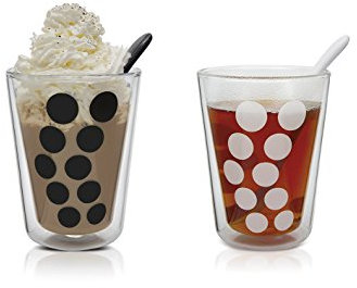 Zak Dot Dot Doppelwand Glas 35 cl und Loeffel 4-er Set, Schwarz/Weiss