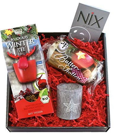 Bull & Bear Weihnachtsgeschenkset mit feinem Bio-Früchtetee, Stollen, Kerze, Geschenkset zu Weihnachten