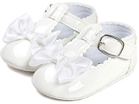 LACOFIA Scarpe da Primi Passi Bambina Scarpe da Battesimo Principessa Antiscivolo Bowknot della neonata Bianco 12-18 Mesi